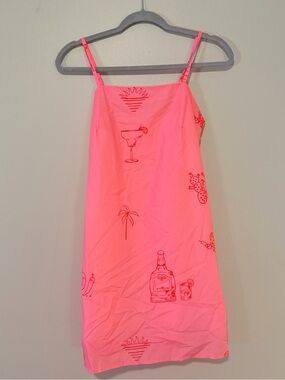 Bright Pink & Orange Tropical Cocktail Print Mini Dress